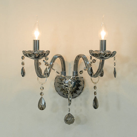 Smoke Grey Crystal Teardrop Wall Sconce Candlestick - Traditional 1/2-Bulb Light