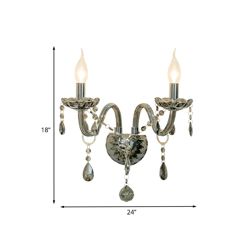 Smoke Grey Crystal Teardrop Wall Sconce Candlestick - Traditional 1/2-Bulb Light