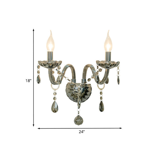 Smoke Grey Crystal Teardrop Wall Sconce Candlestick - Traditional 1/2-Bulb Light