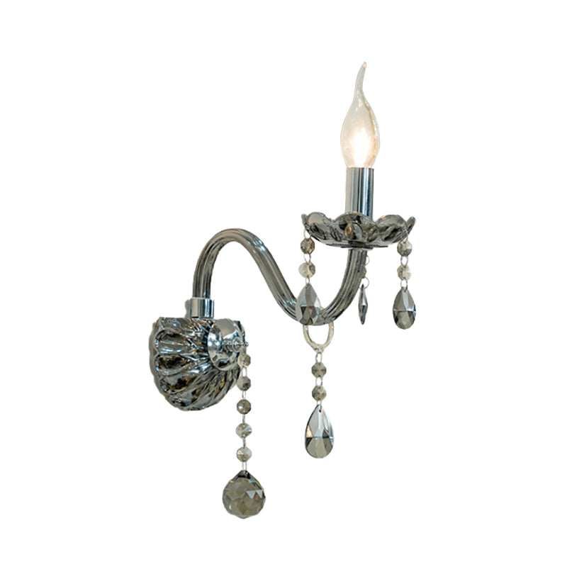 Smoke Grey Crystal Teardrop Wall Sconce Candlestick - Traditional 1/2-Bulb Light