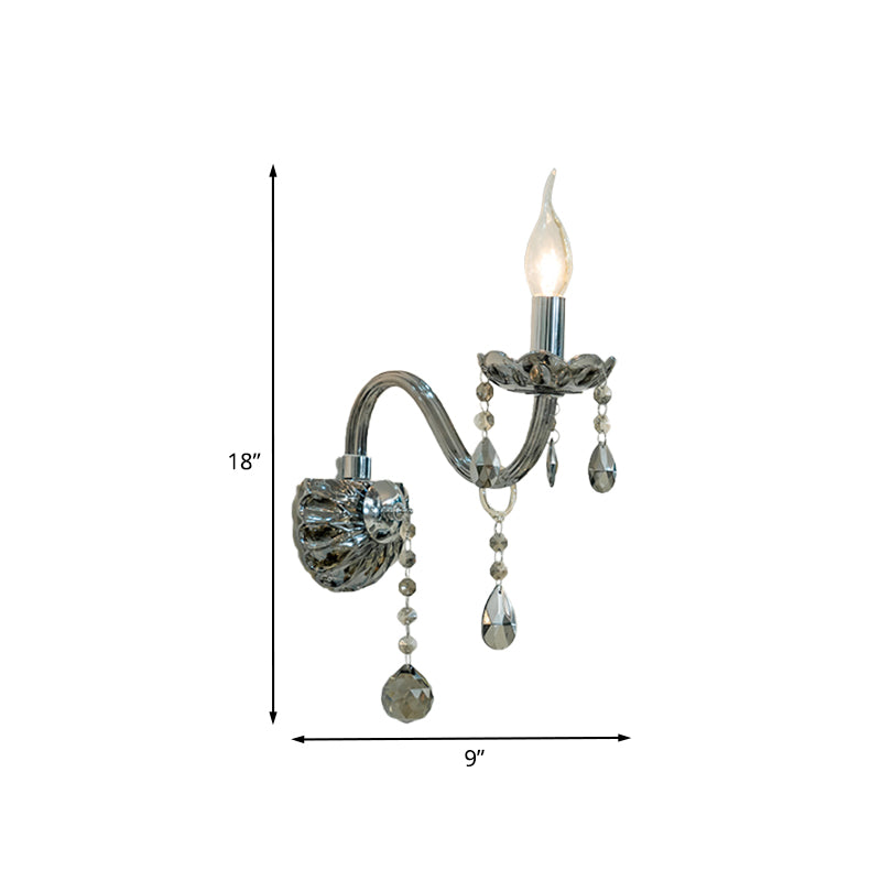 Smoke Grey Crystal Teardrop Wall Sconce Candlestick - Traditional 1/2-Bulb Light