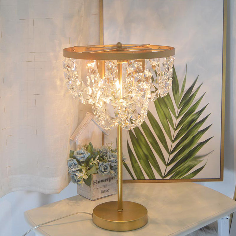 Faceted Glass Table Lamp - Minimalist Gold Nightstand Light With Chain