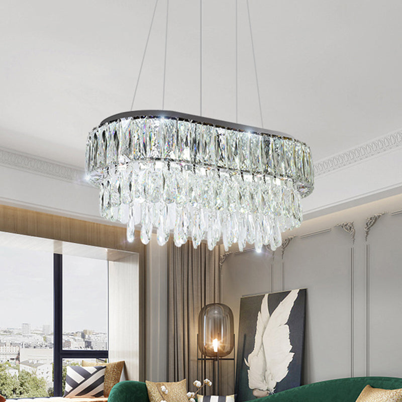 Contemporary Silver Oval Crystal Drip Pendant Light - 11 Bulbs Ideal For Guest Rooms And Islands