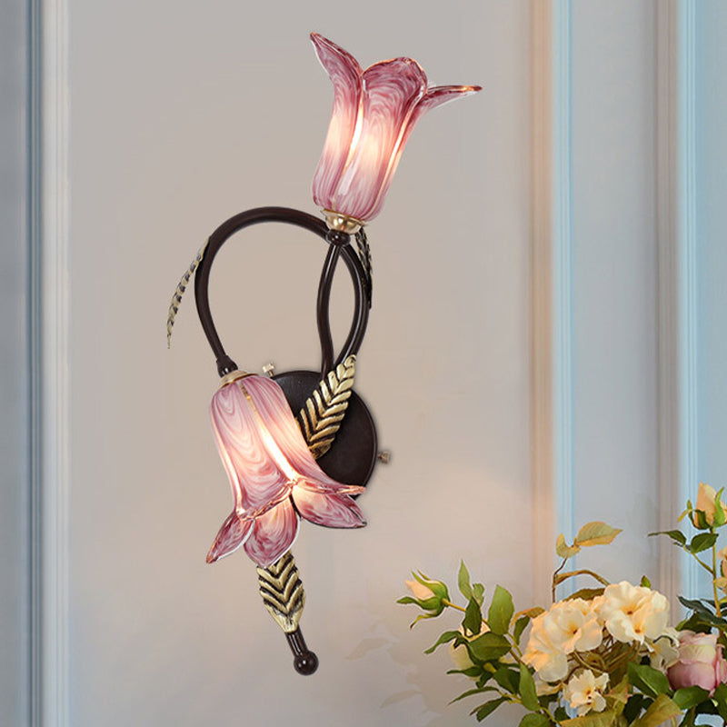 Countryside Opal Glass Wall Sconce With White/Purple Petunia Design - 2-Bulb Bedroom Lighting