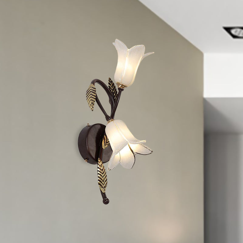 Countryside Opal Glass Wall Sconce With White/Purple Petunia Design - 2-Bulb Bedroom Lighting White