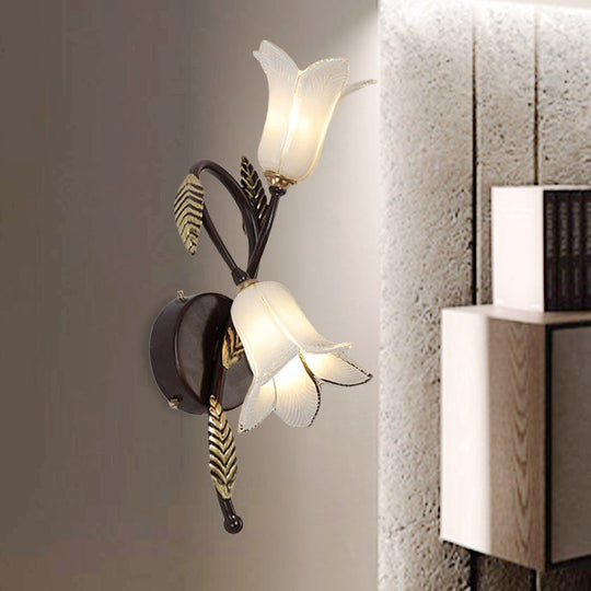 Countryside Opal Glass Wall Sconce With White/Purple Petunia Design - 2-Bulb Bedroom Lighting