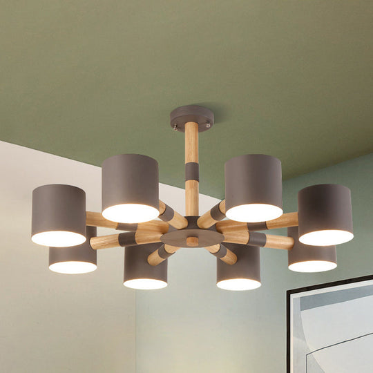 Modern Snowflake Hanging Light: Drum Shade Macaron Wood Chandelier For Living Room Grey