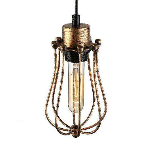 Antique Brass Pendant Light Cage - Farmhouse Hanging Lamp Fixture