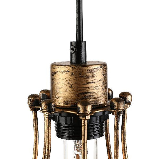 Antique Brass Pendant Light Cage - Farmhouse Hanging Lamp Fixture