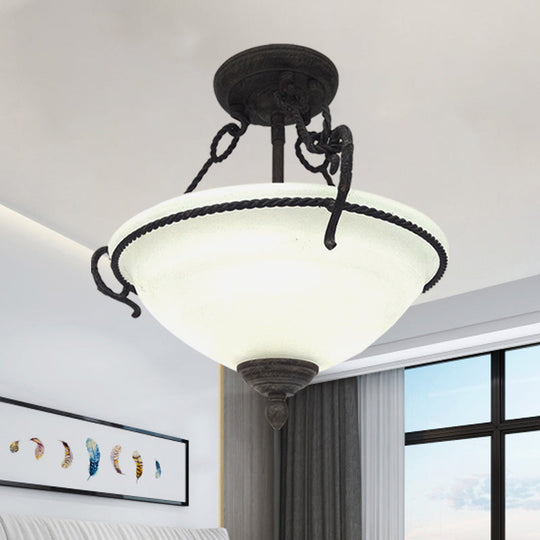 Vintage Bowl Semi-Mount Lighting – 3-Light Cream Glass Flush Chandelier with Black Rope Detail