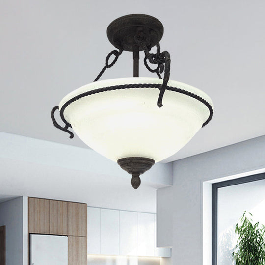 Vintage Bowl Semi-Mount Lighting – 3-Light Cream Glass Flush Chandelier with Black Rope Detail