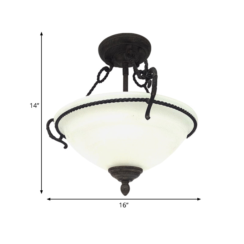 Vintage Bowl Semi-Mount Lighting – 3-Light Cream Glass Flush Chandelier with Black Rope Detail