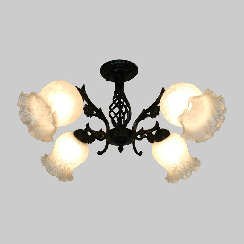 Vintage Blossom Opal Glass Flush Chandelier - Black, 4-Bulb Semi-Flush Light for Study Room