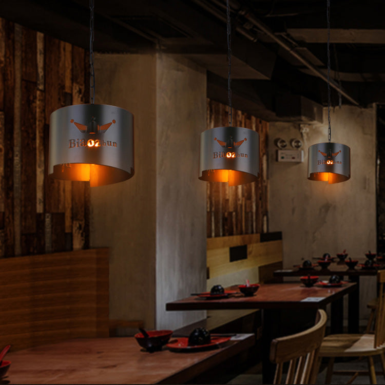 Industrial Drum Hanging Light With Hollow Metallic One Black Pendant For Bars