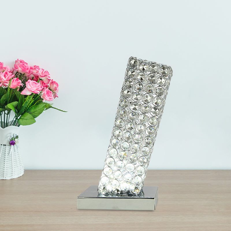 Crystal Led Night Table Lamp: Modern Chrome Cuboid Design With Slanting Insert