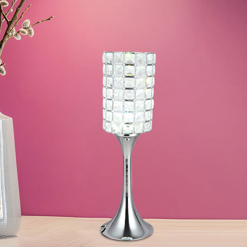 Minimalist Crystal Cylinder Led Desk Lamp In Chrome For Study Room