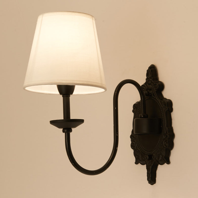 Countryside White Fabric Cone Wall Light With Black Wavy Arm - Half-Head Shade Mounted Lighting