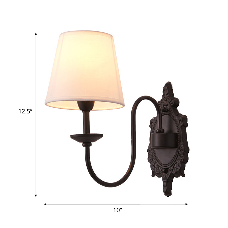 Countryside White Fabric Cone Wall Light With Black Wavy Arm - Half-Head Shade Mounted Lighting