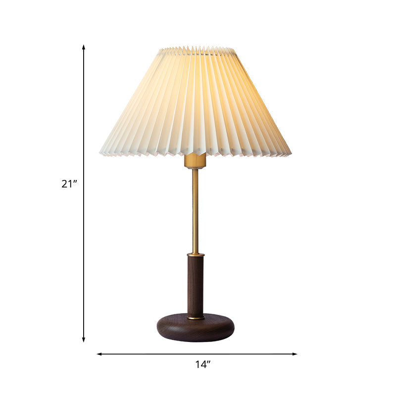 Minimalistic Plastic Beige Table Lamp: Pleated Shade Conical Design 1 Bulb Brown Base