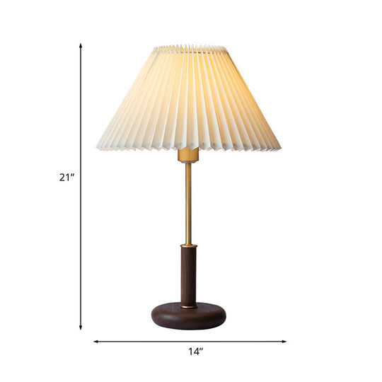 Minimalistic Plastic Beige Table Lamp: Pleated Shade Conical Design 1 Bulb Brown Base