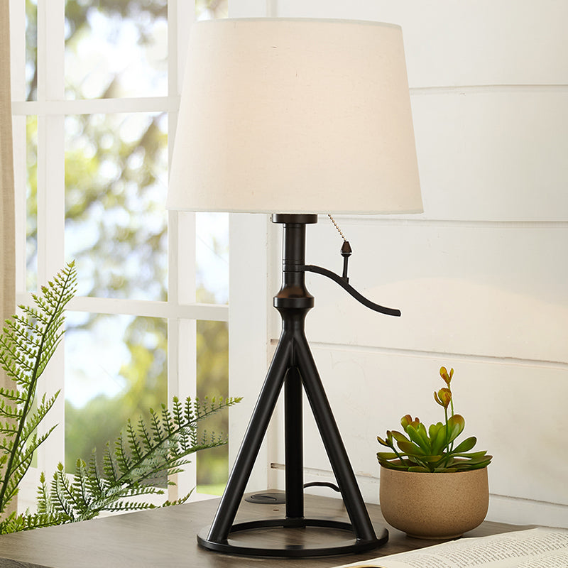 Minimalist White Tapered Drum Table Lamp With Black Tri-Leg Stand For Single Bedroom