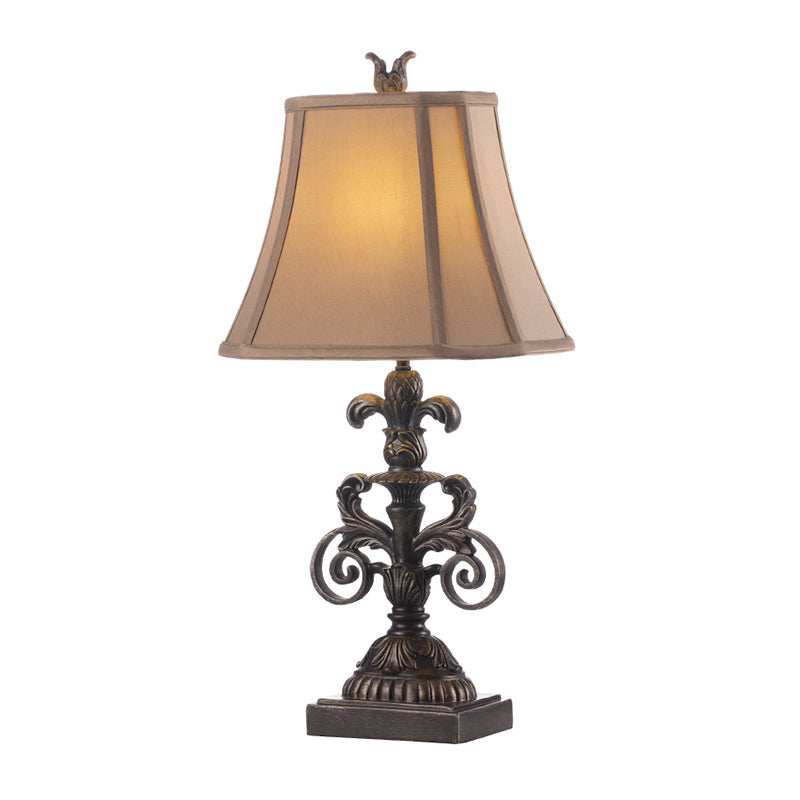 Retro Khaki Fabric 1-Light Pagoda Night Stand Lamp With Fleur De Lis Carved Pedestal - Stylish Table