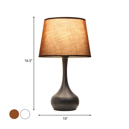 Slim-Neck Pedestal Nightstand Lamp With Brown/White Fabric Barrel Shade - Rural Table Light