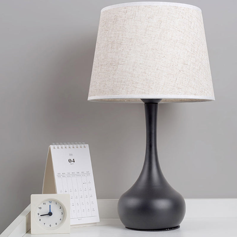 Slim-Neck Pedestal Nightstand Lamp With Brown/White Fabric Barrel Shade - Rural Table Light