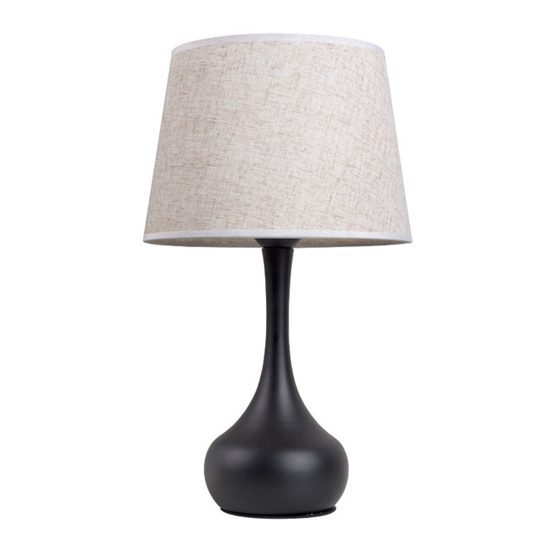 Slim-Neck Pedestal Nightstand Lamp With Brown/White Fabric Barrel Shade - Rural Table Light