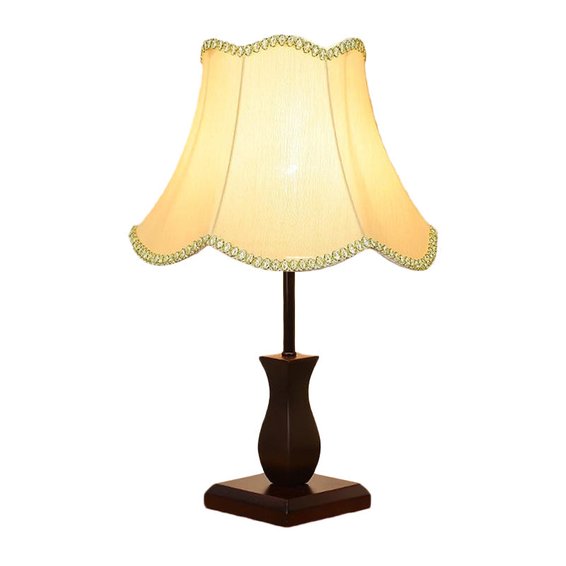 Country Paneled Bell Scalloped Fabric Night Stand Lamp - Beige/Burgundy