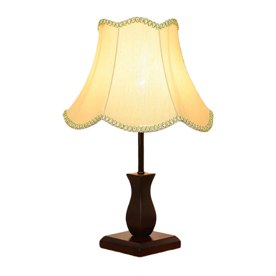 Country Paneled Bell Scalloped Fabric Night Stand Lamp - Beige/Burgundy