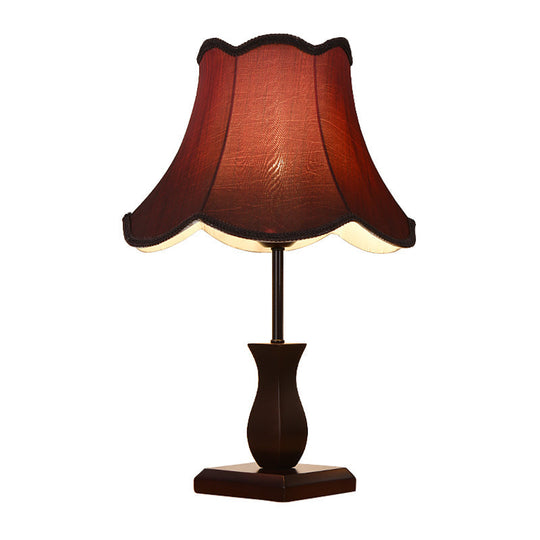 Country Paneled Bell Scalloped Fabric Night Stand Lamp - Beige/Burgundy