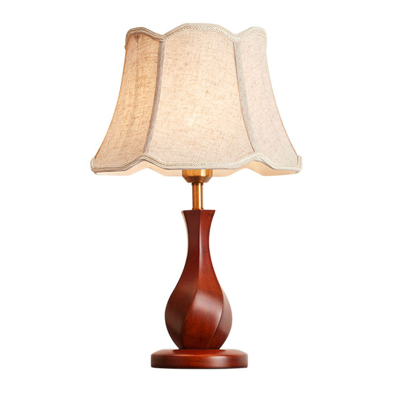 Flared Nightstand Lamp With Scalloped Trim - Countryside Style In Flaxen/Beige