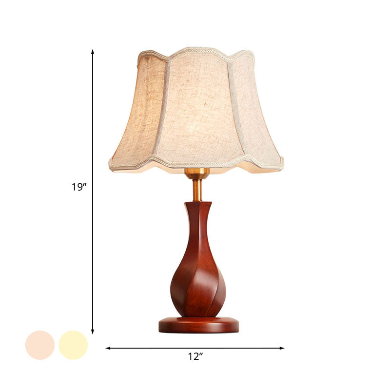 Flared Nightstand Lamp With Scalloped Trim - Countryside Style In Flaxen/Beige