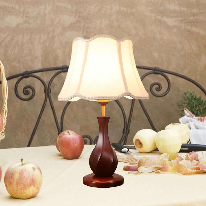 Flared Nightstand Lamp With Scalloped Trim - Countryside Style In Flaxen/Beige