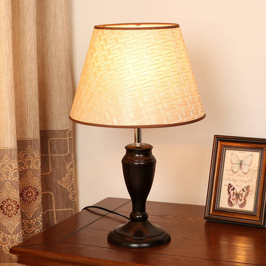 Brown Table Lamp With Tapered Fabric Shade And Floral/Slashed/Geometric Pattern Rustic Light For