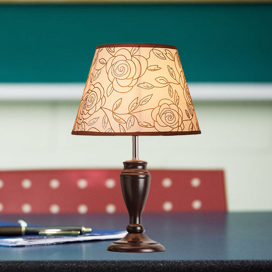 Brown Table Lamp With Tapered Fabric Shade And Floral/Slashed/Geometric Pattern Rustic Light For