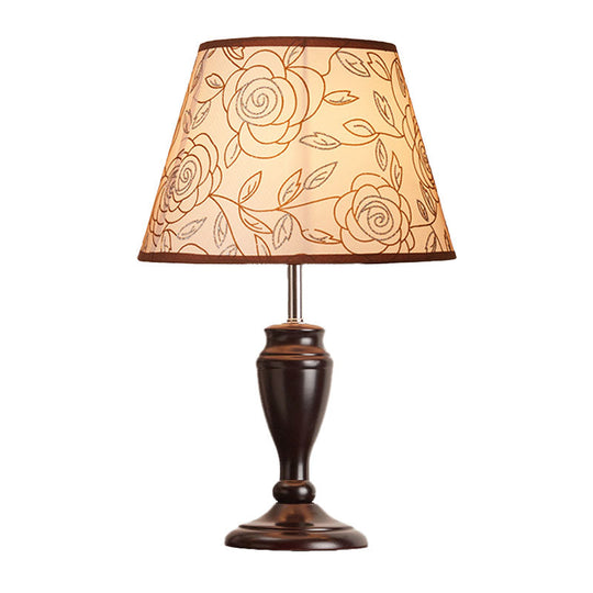 Brown Table Lamp With Tapered Fabric Shade And Floral/Slashed/Geometric Pattern Rustic Light For