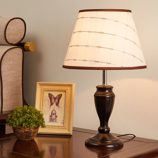 Brown Table Lamp With Tapered Fabric Shade And Floral/Slashed/Geometric Pattern Rustic Light For