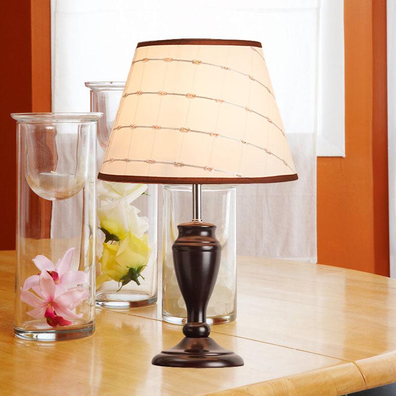 Brown Table Lamp With Tapered Fabric Shade And Floral/Slashed/Geometric Pattern Rustic Light For