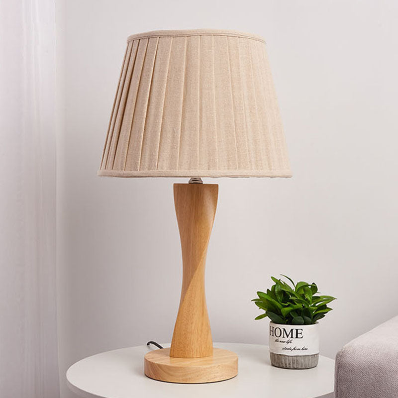 Twisted Wood Night Lamp With Conic Fabric Shade - Cozy Lighting For Living Room Table Flaxen