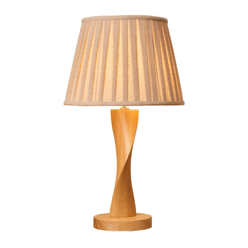 Twisted Wood Night Lamp With Conic Fabric Shade - Cozy Lighting For Living Room Table