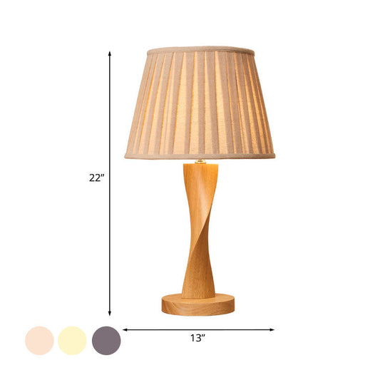 Twisted Wood Night Lamp With Conic Fabric Shade - Cozy Lighting For Living Room Table