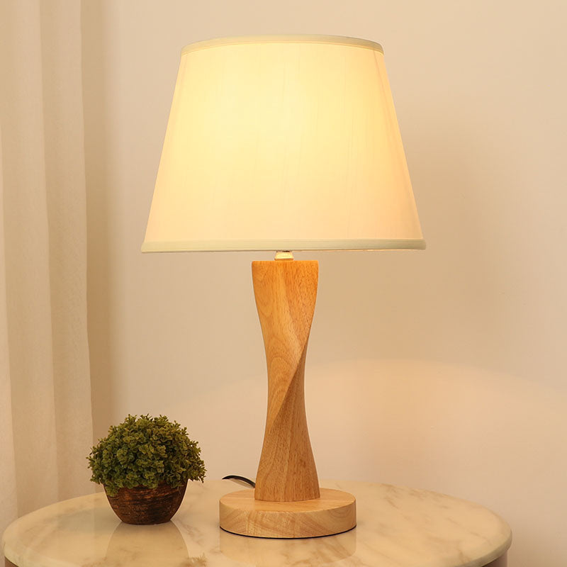 Twisted Wood Night Lamp With Conic Fabric Shade - Cozy Lighting For Living Room Table