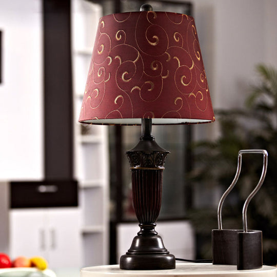 Burgundy Swirl Pattern Fabric Night Lamp - Rural Tapered Table Stand Light For Living Room