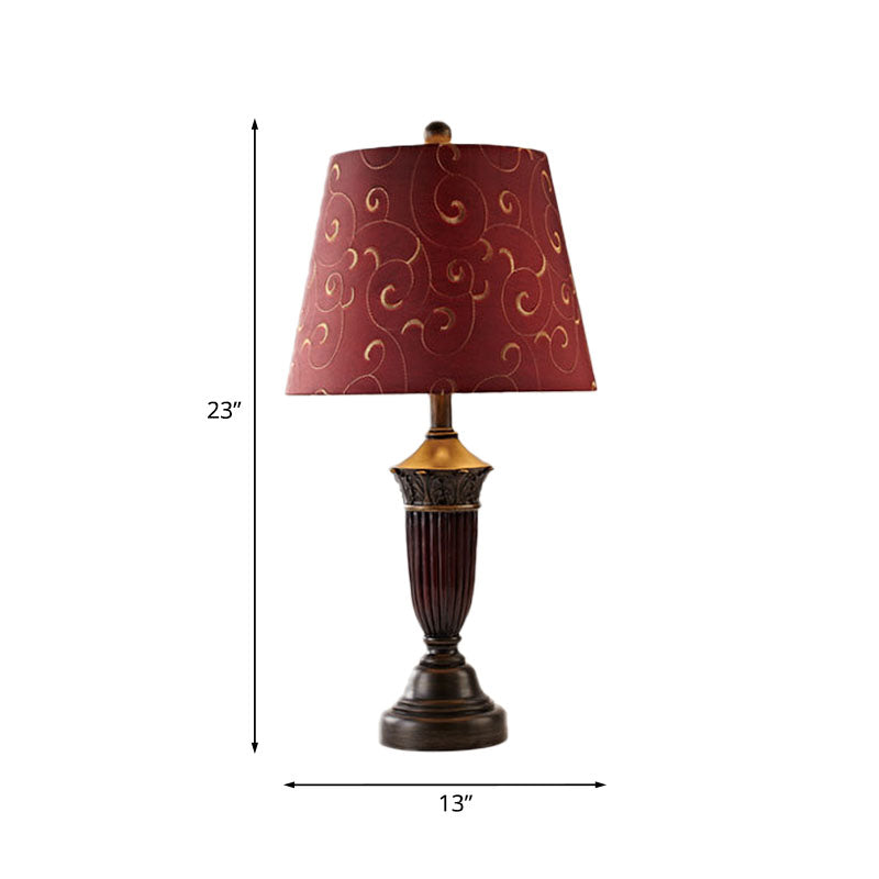 Burgundy Swirl Pattern Fabric Night Lamp - Rural Tapered Table Stand Light For Living Room