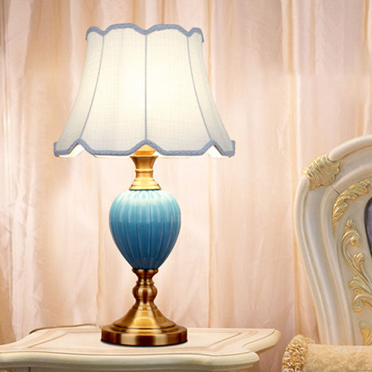 1-Light Retro Sky Blue Night Lamp With Pleated/Paneled Fabric Shade And Ceramic Base