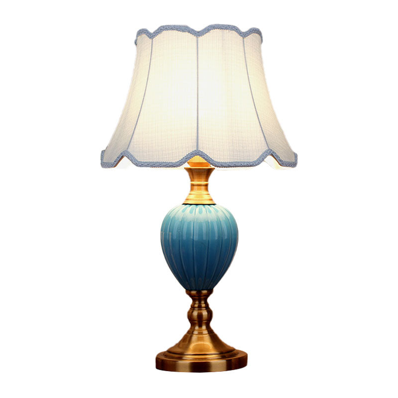 1-Light Retro Sky Blue Night Lamp With Pleated/Paneled Fabric Shade And Ceramic Base