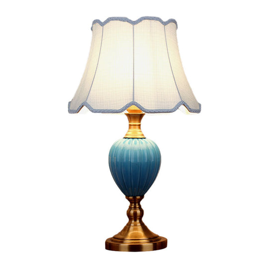 1-Light Retro Sky Blue Night Lamp With Pleated/Paneled Fabric Shade And Ceramic Base