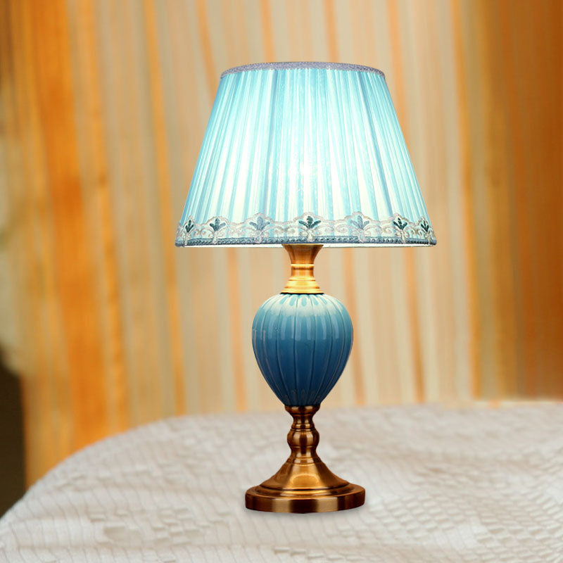 1-Light Retro Sky Blue Night Lamp With Pleated/Paneled Fabric Shade And Ceramic Base